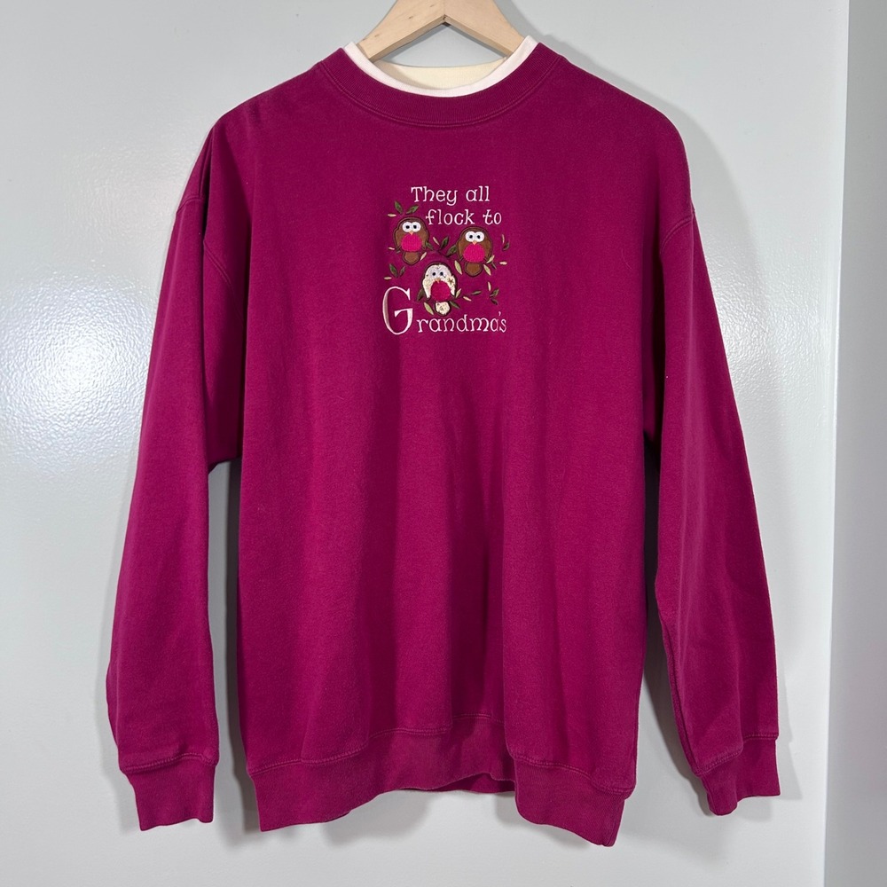M&C Sportswear Grandmas Owls Embroidered Sweatshirt Pink Magenta Large Vintage